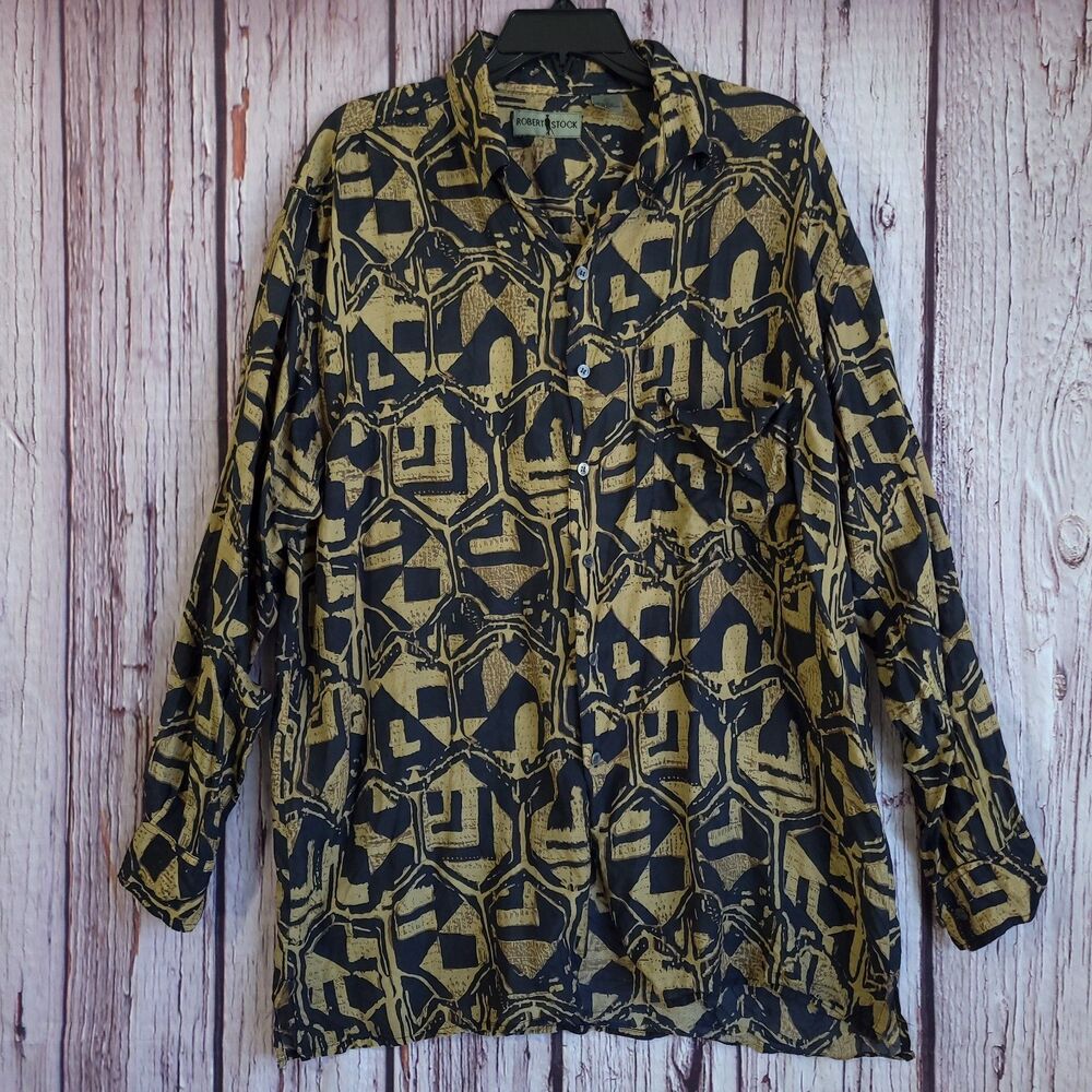 Robert Stock 90s Button Abstract Geometric Silk Shirt Mens Vintage Long Sleeve